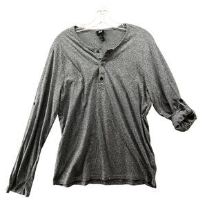 H&M Henley Long Sleeve T Shirt Mens L Gray Roll Tab Sleeve Heather Cotton Blend